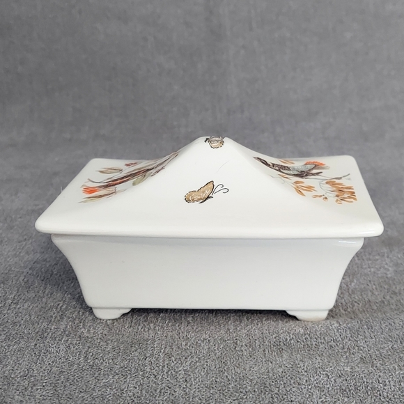 Vtg Bird Trinket Box Lid Container Studio Art Transfer 70s Raised Foot - Picture 4 of 7